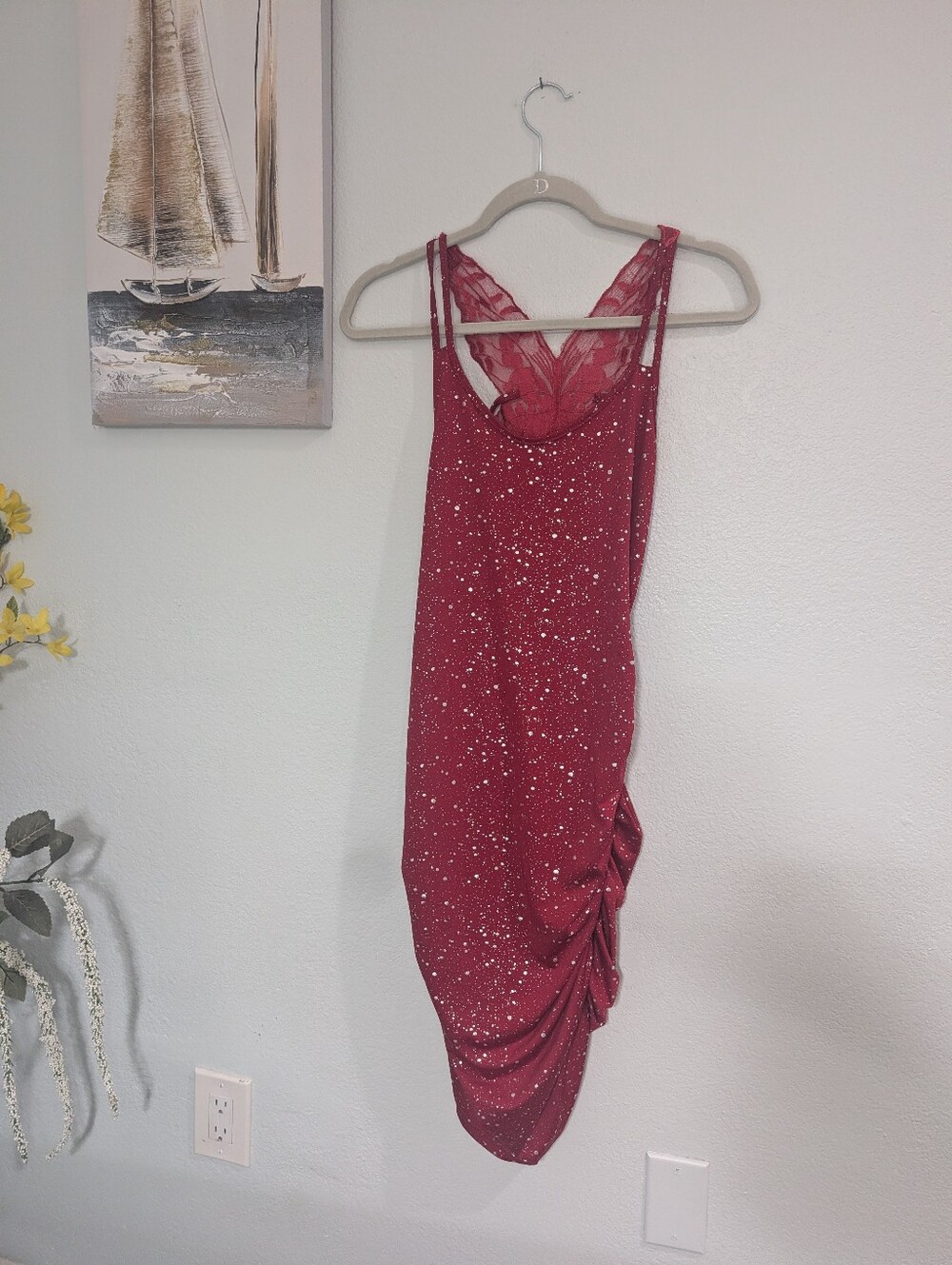 Red Lace-Back Sparkle Tank Dress Body Con Rouched Style Size Med/Large